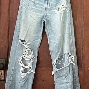 AMERICAN EAGLE Distressed Light Blue Jeans super high rise baggy wide leg size 0